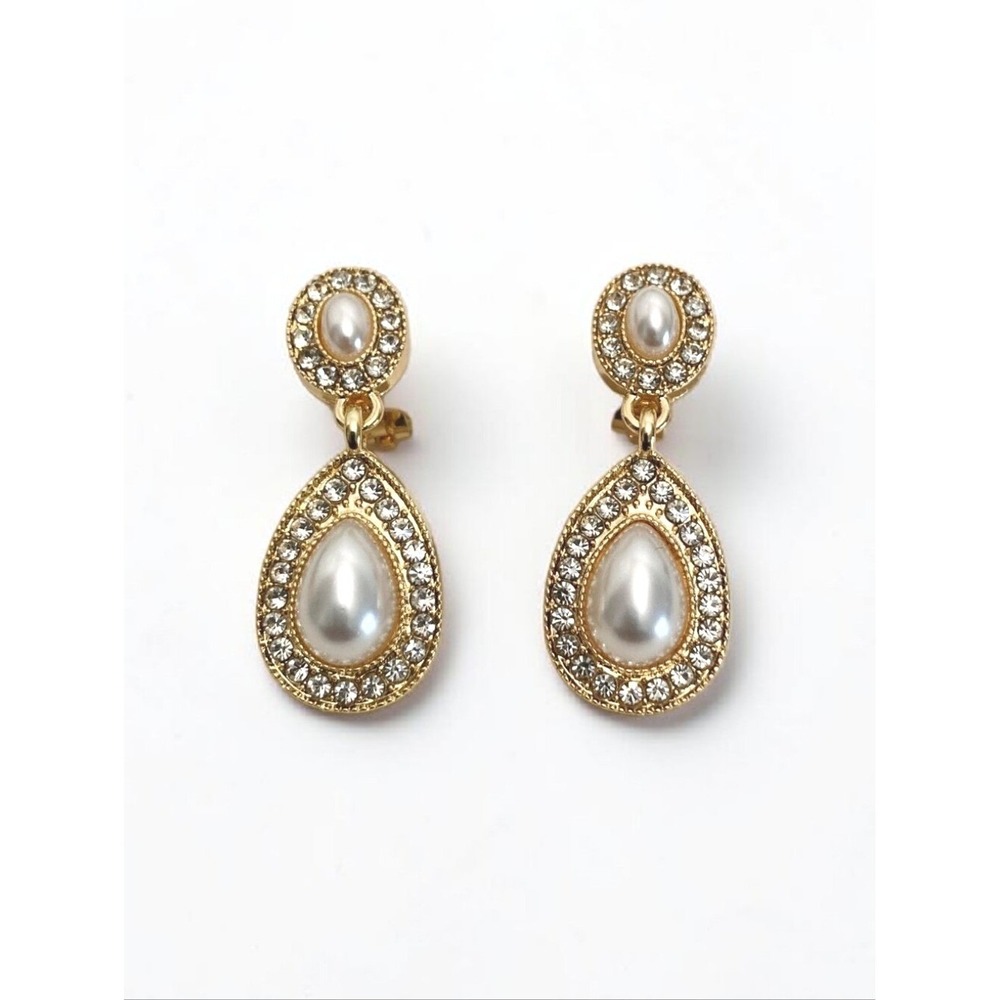 Clip On Pearl Rhinestone Drop Earrings Gold Teardrop Bridal wedding Forma Luxury